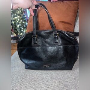 Fossil Purse Black Leather Handbag Brown Cow Hide 15x9 Missing Crossbody Strap